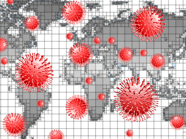 An image showing coronavirus molecules over a map