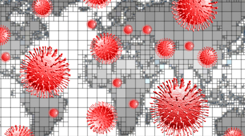 An image showing coronavirus molecules over a map