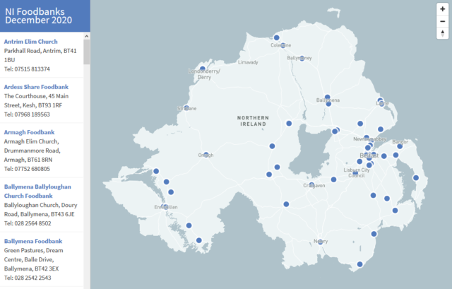 A map showing the distribution of foodbanks in Northern Ireland