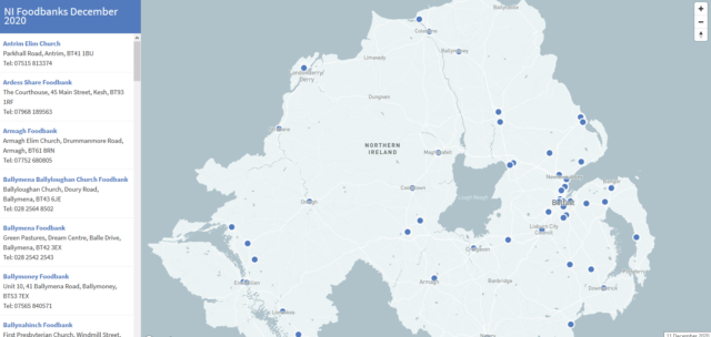 A screenshot showing the distribution of foodbanks in NI