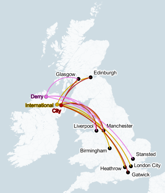 A map showing the top five domestic routes from each Northern Ireland airport in 2019