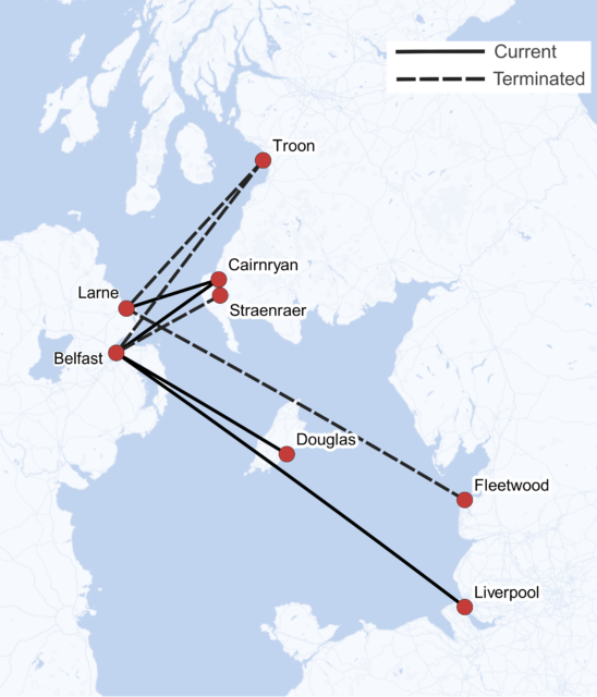 A map of existing and terminated ferry routes between Northern Ireland and the rest of the UK