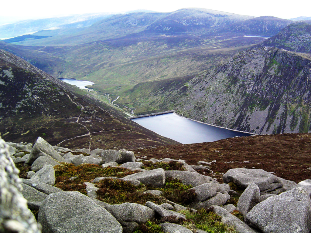 An image showing Silent Valley (left) and Ben Crom (right) reservoirs, Mourne Mountains, County Down