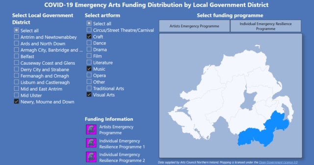 An image showing a screenshot of an interactive map with a distribution of COVID-19 emergency funding for the arts