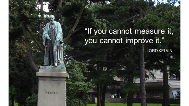 An image showing a statue of Lord Kelvin in Botanic Gardens, Belfast along with the quotation 'If you cannot measure it, you cannot improve it'.
