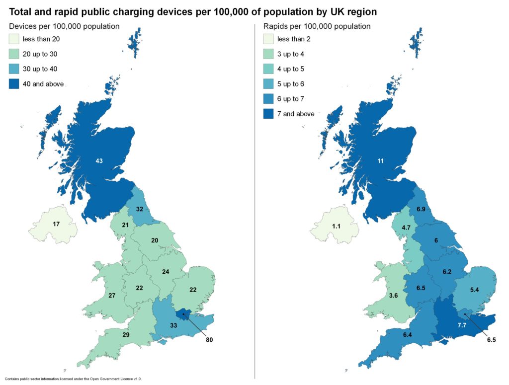 Two distribution maps showing the total and rapid public charging points per 100,000 population by UK region 2021
