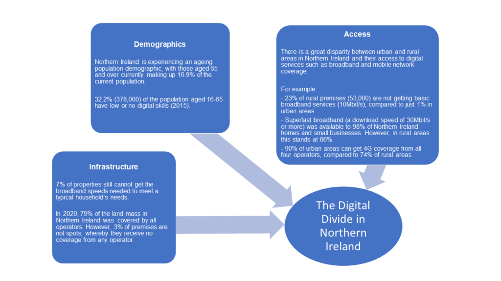 A diagram showing a summary of central issues characterising the Digital Divide in Northern Ireland