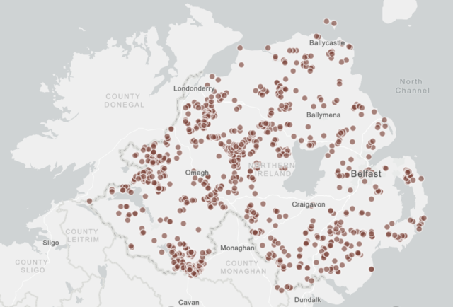 A distribution map showing postcode areas in Northern Ireland which receive less than the USO