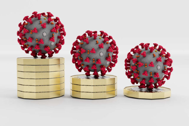 Image shows COVID-19 virus alongside columns of pound coins
