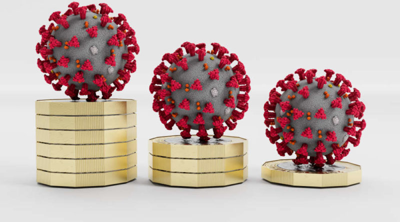 Image shows COVID-19 virus alongside columns of pound coins