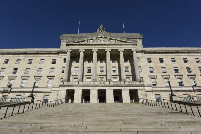 Front on, close up shot of Parliament Buildings on the Stormont Estate.