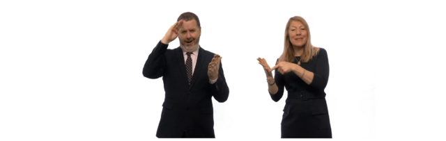 An image showing a screenshot of a signed translation of the key points from a RaISe bill paper on the Sign Language Bill, showing ISL (left) and BSL (right)