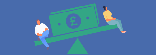 A stlised image showing a man and a women on a seesaw.