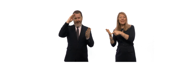 An image showing a screenshot of a signed translation of the key points from a RaISe bill paper on the Sign Language Bill, showing ISL (left) and BSL (right)