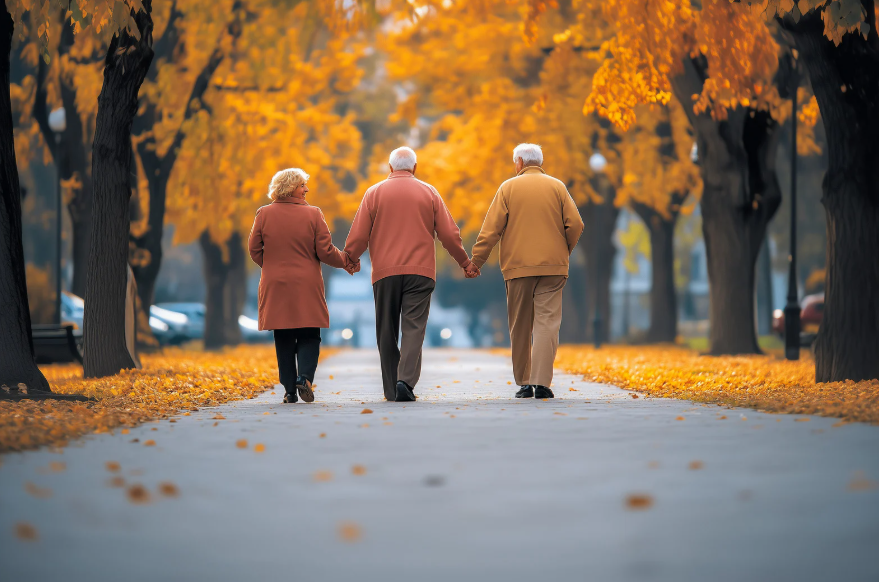 A decorative image showing three older people walking in a park together.