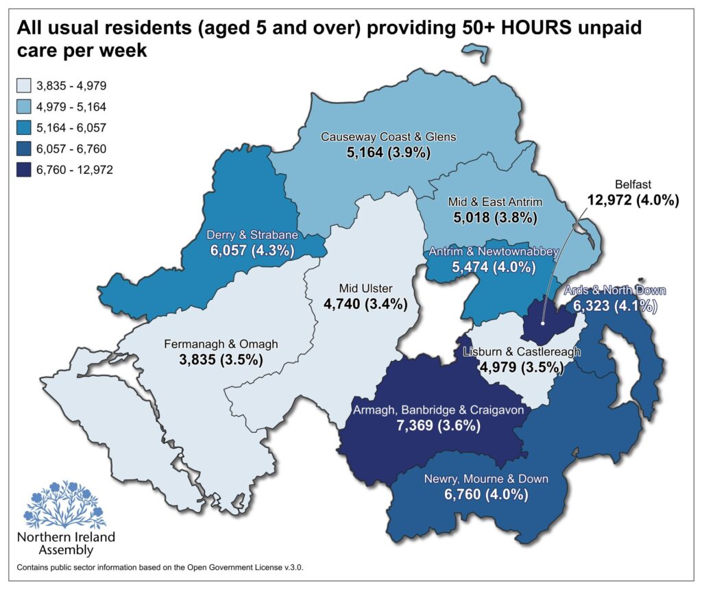 Map showing the distribution of unpaid carers providing more than 50 hours of unpaid care per week, by council area