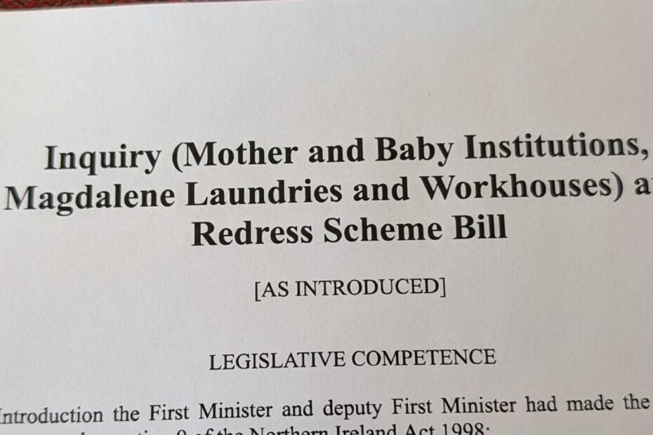 A photograph of the front page of the Inquiry (Mother and Baby Institutions, Magdalene Laundries and Workhouses) and Redress Scheme Bill