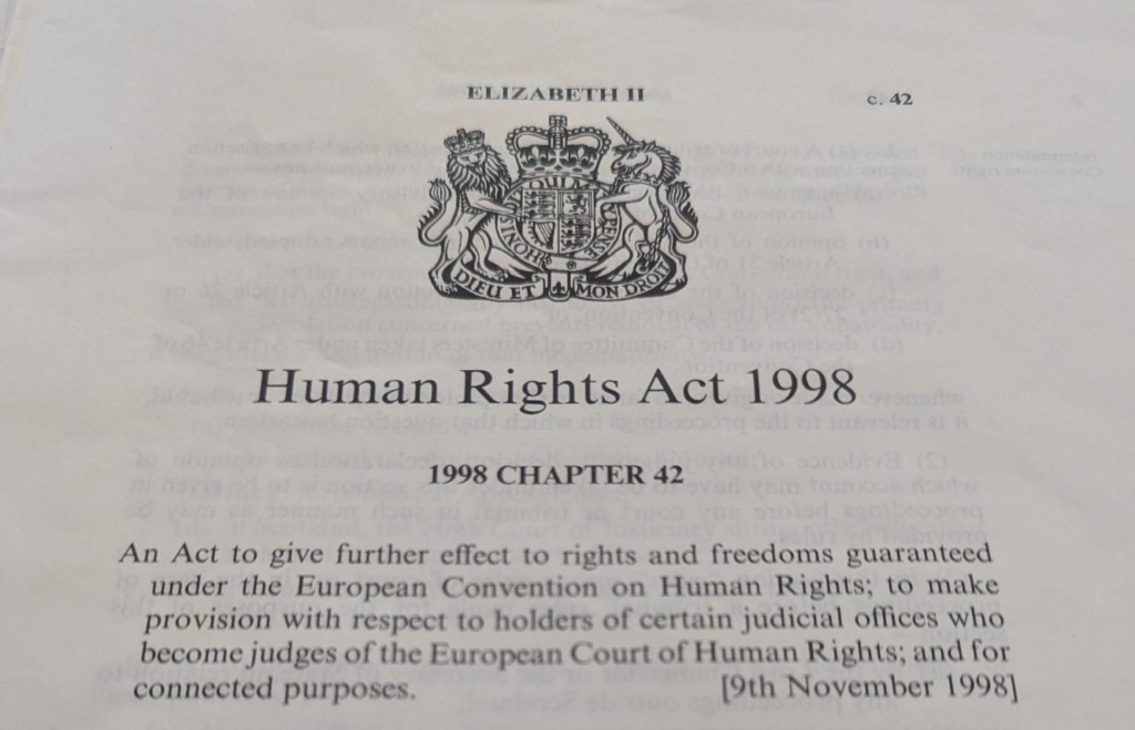 Photograph of a copy of a page from the Human Rights Act 1998