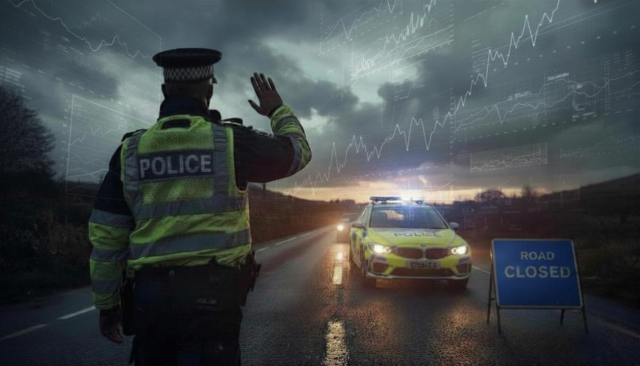An image showing a police officer at the scene of an accident; the background of the image features lots of super-imposed charts and figures which simulate 'data'. The image was produced using AI in the Canva application