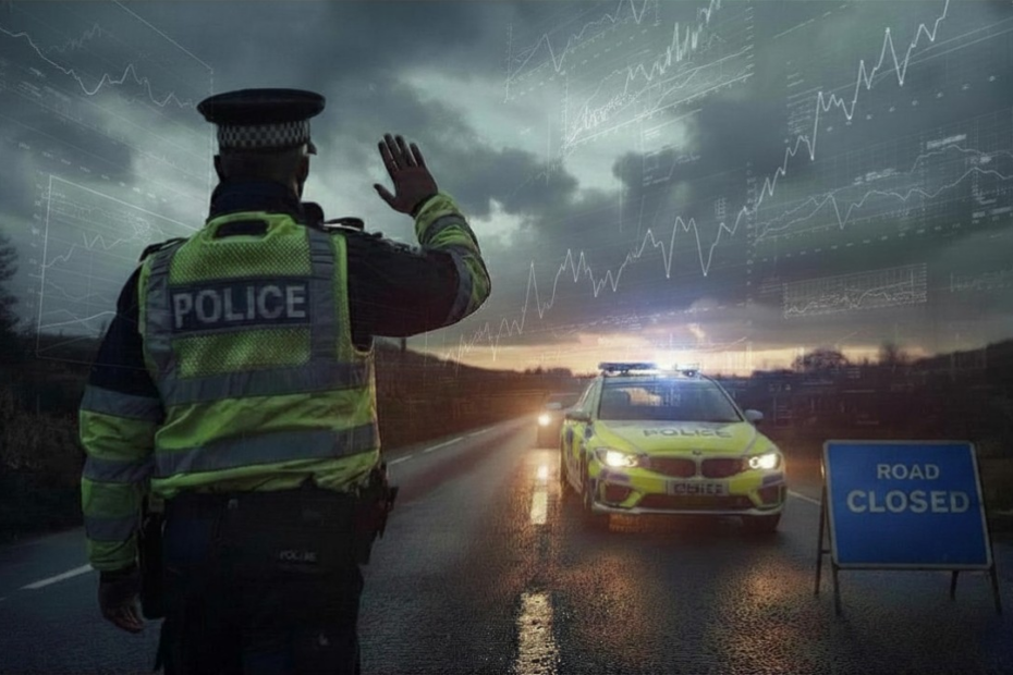 An image showing a police officer at the scene of an accident; the background of the image features lots of super-imposed charts and figures which simulate 'data'. The image was produced using AI in the Canva application