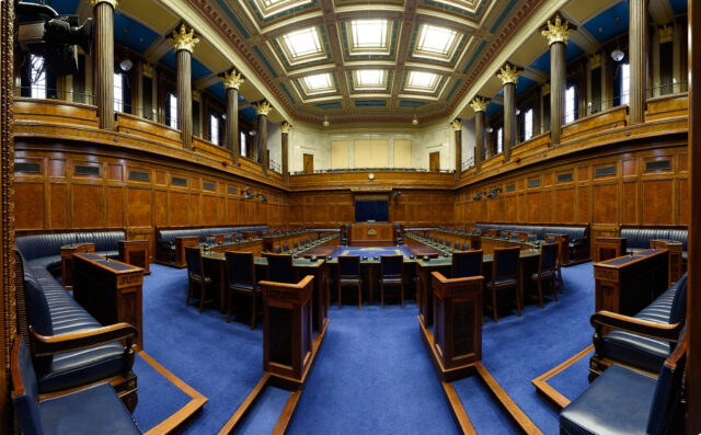 A photograph of the plenary chamber of the Northern Ireland Assembly