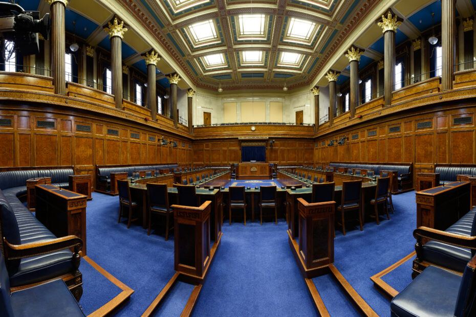 A photograph of the plenary chamber of the Northern Ireland Assembly