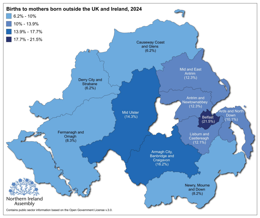 Map showing births to mothers born outside the UK in 20 by Local Government District, as a proportion of all births.