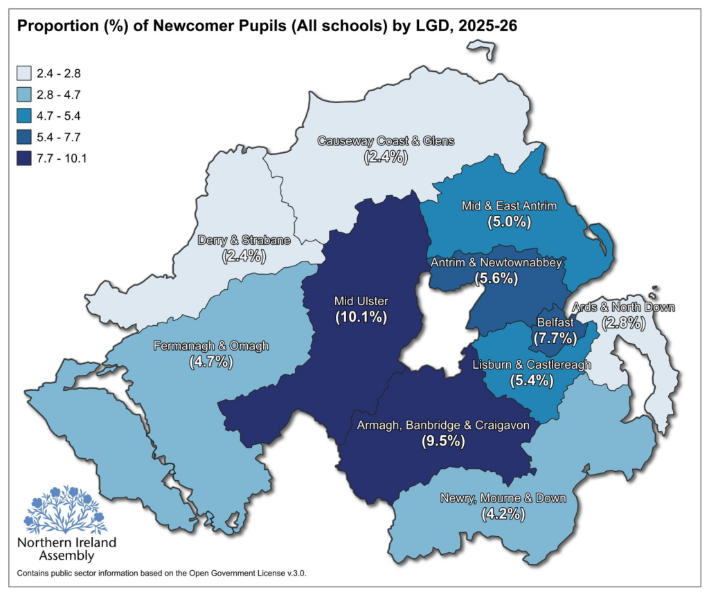 Map 2 shows the proportion (%) of Newcomer pupils in all schools (primaryand post-primary) in each of the eleven local government districts (LGDs) in October 2024